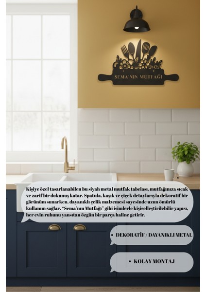 Kişiselleştirilmiş Isimli Metal Mutfak Tablosu Dekoratif Oklava Çiçek Figürü Ev Hediyesi fırsatları