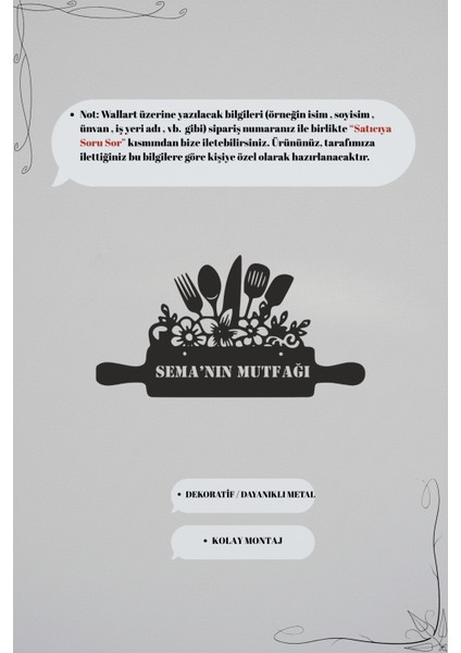 Kişiselleştirilmiş Isimli Metal Mutfak Tablosu Dekoratif Oklava Çiçek Figürü Ev Hediyesi indirimleri