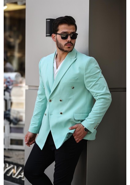 Erkek Slim Fit Penye Kumaş Kruvaze Ceket