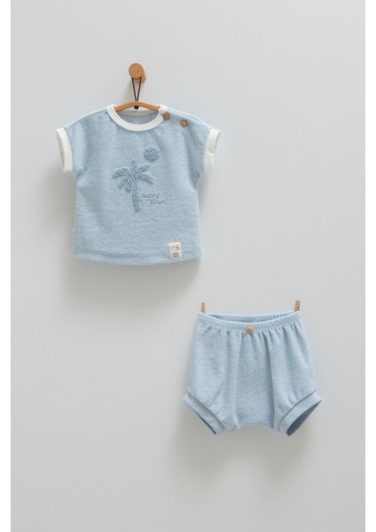 Sunny Days Palmiye Desenli Havlu Kumaş Tshırt Şort Takım Mavi