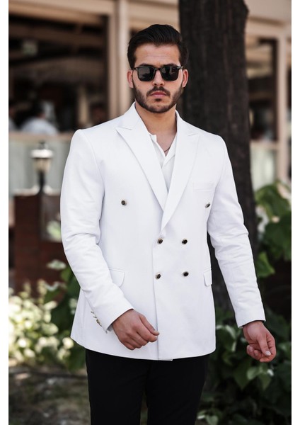 Erkek Slim Fit Penye Kumaş Kruvaze Ceket