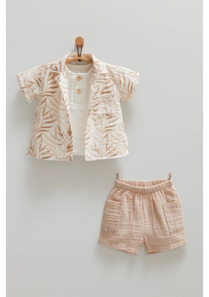 Lıttle Boy Gömlek Tshırt Şort Üçlü Takım Kahverengi