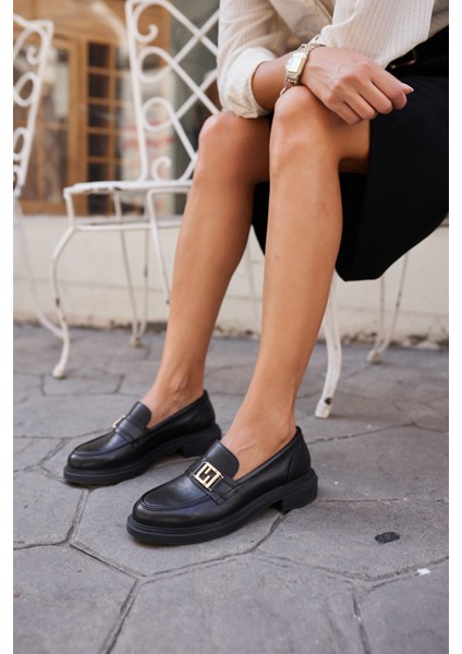 Castilo Kadın Siyah Gercek Deri Ithal Toka Loafer Ayakkabi