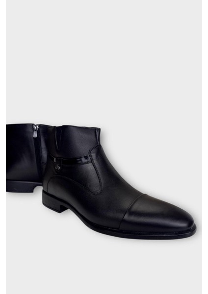 Hakiki Deri Kaydırmaz Kauçuk Taban Fermuarlı Sivri Burun Klasik Erkek Bot Siyah - Siyah fiyatları