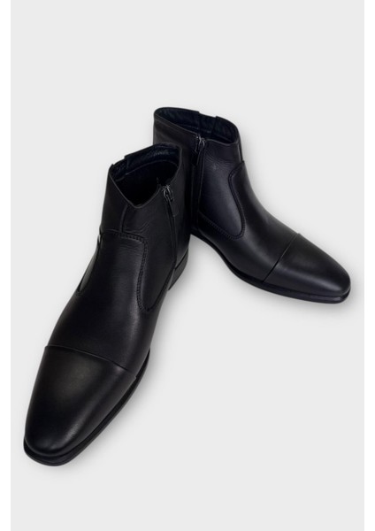 Hakiki Deri Kaydırmaz Kauçuk Taban Fermuarlı Sivri Burun Klasik Erkek Bot Siyah - Siyah fırsatları