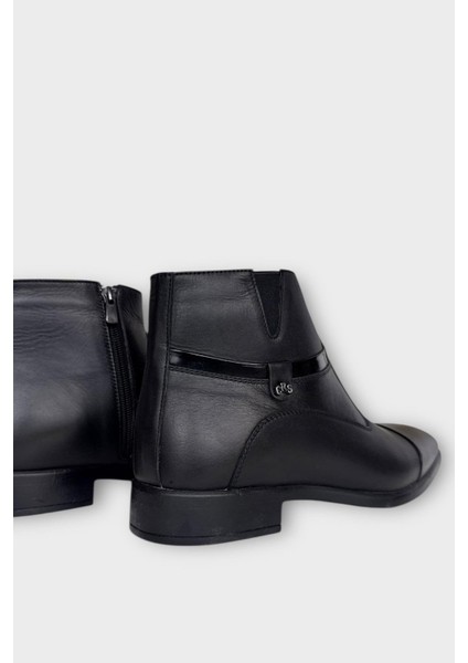 Hakiki Deri Kaydırmaz Kauçuk Taban Fermuarlı Sivri Burun Klasik Erkek Bot Siyah - Siyah indirimleri