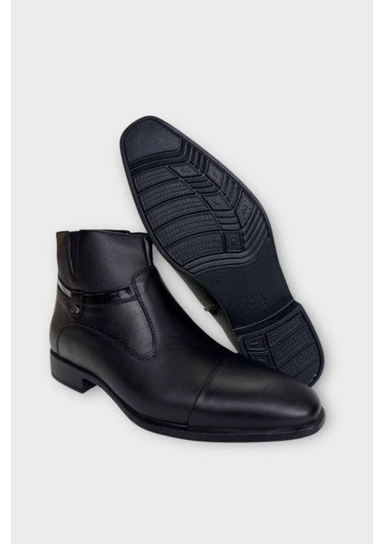 Hakiki Deri Kaydırmaz Kauçuk Taban Fermuarlı Sivri Burun Klasik Erkek Bot Siyah - Siyah