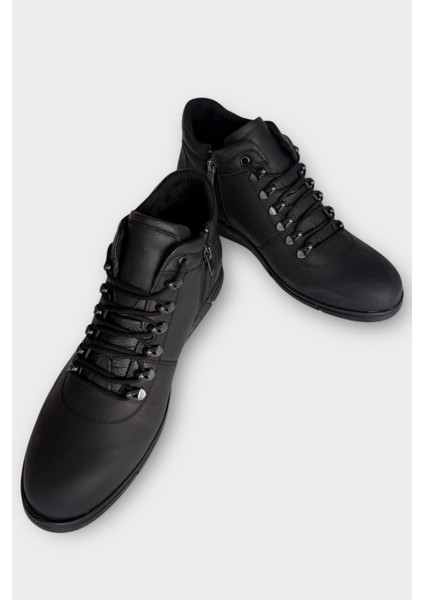 Hakiki Deri Kaydırmaz Kauçuk Taban Fermuarlı Erkek Bot Siyah - Füme indirimleri