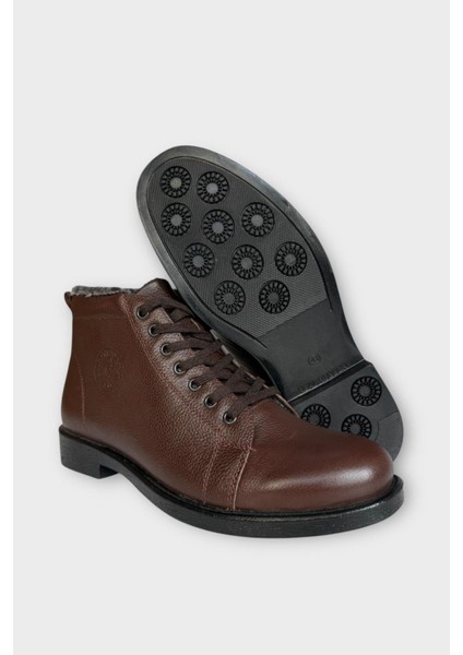 Erkek Hakiki Deri Içi Kürklü Kaydırmaz Kauçuk Taban Fermuarlı Bot Kahverengi