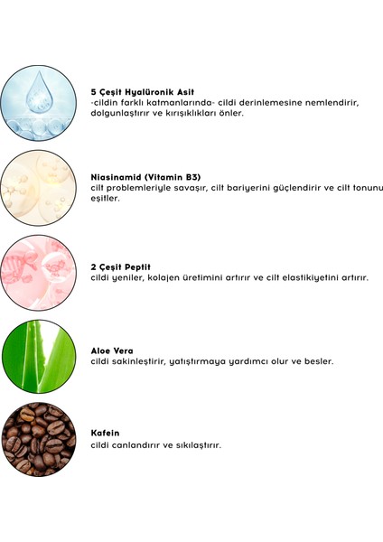 Cilt Bakım Serum Seti – Hyalüronik Asit, Peptit, Vitamin C ve AHA ile Dolgunlaştırıcı, Yenileyici, Yatıştırıcı Vegan Formül, 4×30 ml