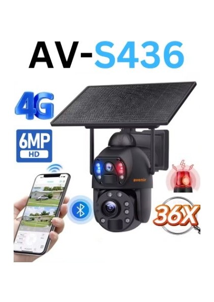 AV-S436 4g Solar Güneş Enerjili 6mp 36X Optikal Zoom Siren ve Sesli Uyarı 50 Metre Gece Görüş Mesafesi Ip Ptz Kamerası fiyatları