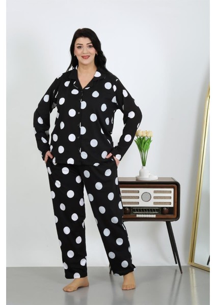 Kadın Büyük Beden Pamuklu Cepli Düğmeli Siyah Pijama Takım
