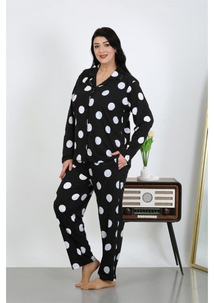 Kadın Büyük Beden Pamuklu Cepli Düğmeli Siyah Pijama Takım modelleri