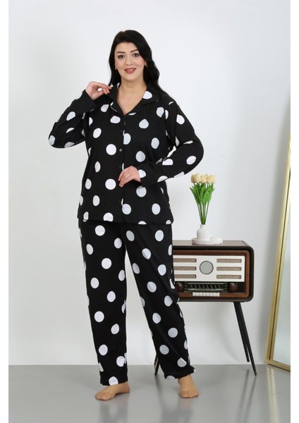 Kadın Büyük Beden Pamuklu Cepli Düğmeli Siyah Pijama Takım fırsatları