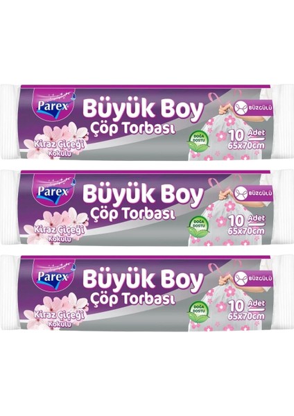 Büzgülü 10'lu Çöp Torbası Kiraz Çiçeği Kokulu Büyük Boy 65 x 70 cm Üçlü Paket
