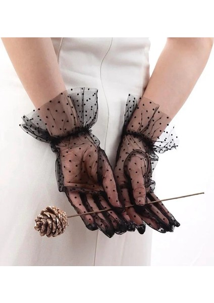 Kısa Güpürlü Siyah Puantiyeli Tül Eldiven indirimleri