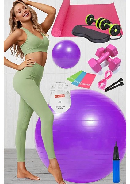 12 Li Pilates Seti Topu 3lü Pilates Bandı Lastiği Dambıl Minder Atlama Ipi Tekerlekli Spor Aleti