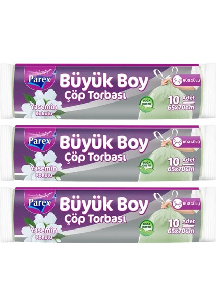 Büzgülü 10'lu Çöp Torbası Yasemin Kokulu Büyük Boy 65 x 70 cm Üçlü Paket