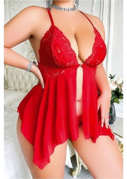 Nightlight Marka Önden Kancalı Büyük Beden Dantel ve Tül Gecelik String Takım – Kırmızı