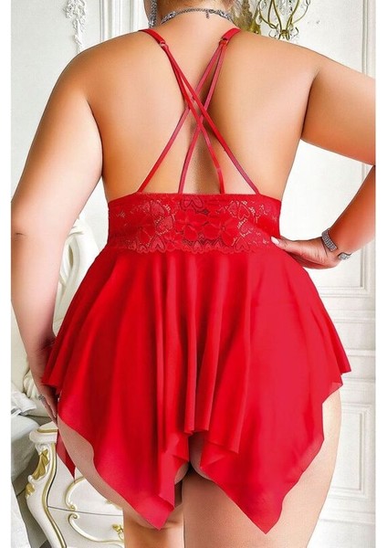 Nightlight Marka Önden Kancalı Büyük Beden Dantel ve Tül Gecelik String Takım – Kırmızı fiyatları