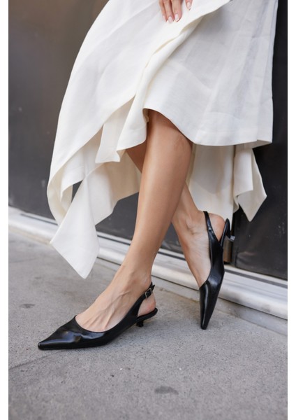 Murcia Kadın Siyah Mini Topuklu Slingback Ayakkabi