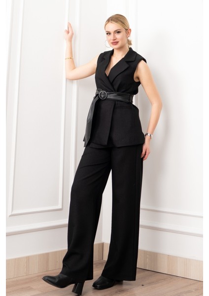 Deri Kuşak Kemerli Yelek ve Cepli Pantolon Takım 1282