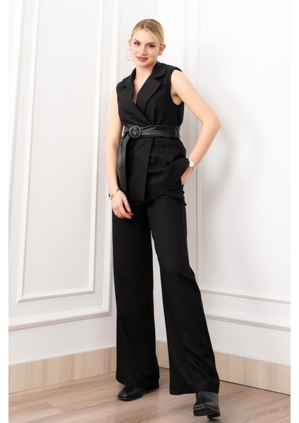 Deri Kuşak Kemerli Yelek ve Cepli Pantolon Takım 1282 fırsatları