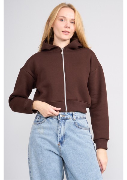 K26 24K107 Kahve Kadın 3 Ip Sardonlu Fermuarlı Sweat