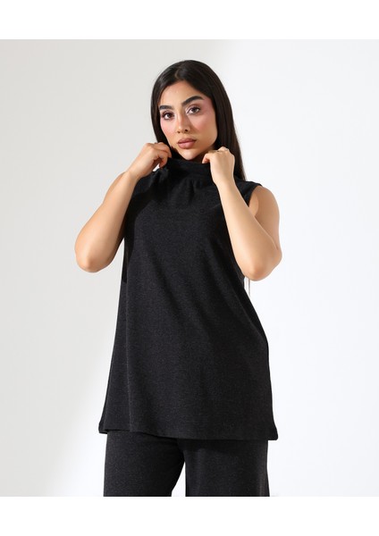 Kadın Sıfır Kol Yün Viskon Boğazlı Bluz