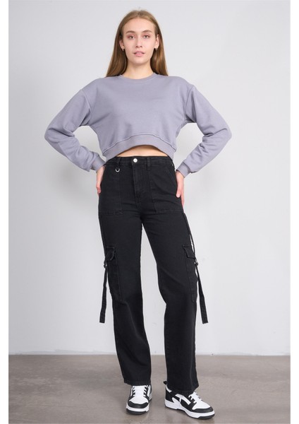 K26 24K100-1 Boyalı Grı Kadın O Yaka 3 Ip Sardonsuz Crop Sweat modelleri