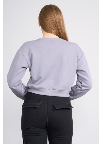 K26 24K100-1 Boyalı Grı Kadın O Yaka 3 Ip Sardonsuz Crop Sweat