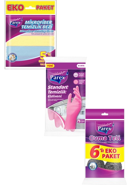 Temizlik Eldiveni 6'lı Ovma Teli ve 5'li Mikrofiber Temizlik Bezi Paketi