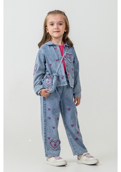 Kalp Nakışlı Çantalı Kız Çocuk 4\'lü Takım - 26K 2242