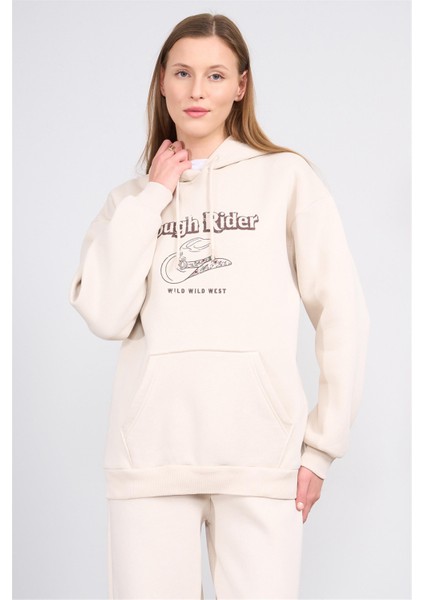 Çetinkaya Fithit 8621 Kadın Kapüşonlu Oversize Baskılı Sweatshirt Taş