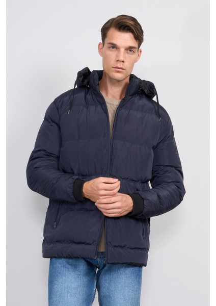 400 Lacivert Erkek Kapüşonlu Astarlı Dolum Mont
