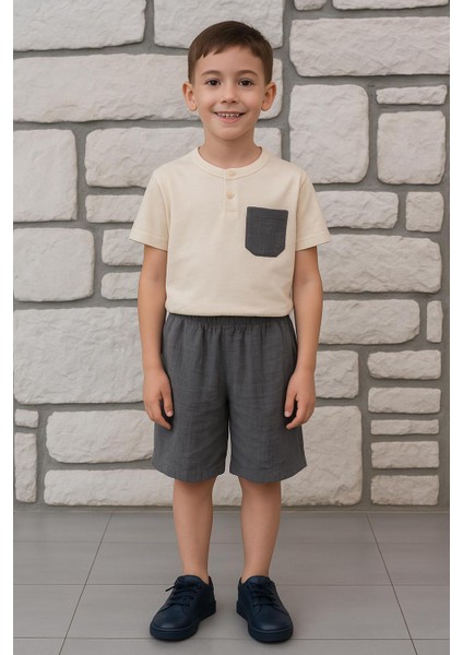 Bej Gömlek ve Şort Ikili Erkek Çocuk Takımı – Yazlık Müslin Kumaş 2652