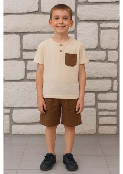 Bej Gömlek ve Şort Ikili Erkek Çocuk Takımı – Yazlık Müslin Kumaş 2652 indirimleri