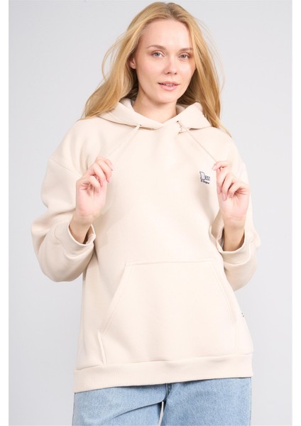 Çetinkaya Fithit 8569 Kadın Kapüşonlu 3 Iplik Oversize Baskılı Sweatshirt Taş