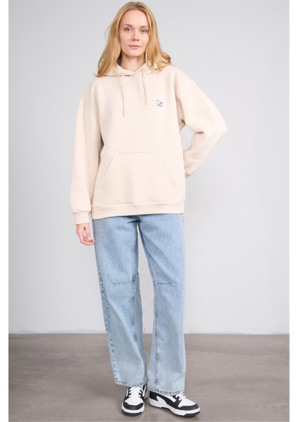 Çetinkaya Fithit 8569 Kadın Kapüşonlu 3 Iplik Oversize Baskılı Sweatshirt Taş modelleri