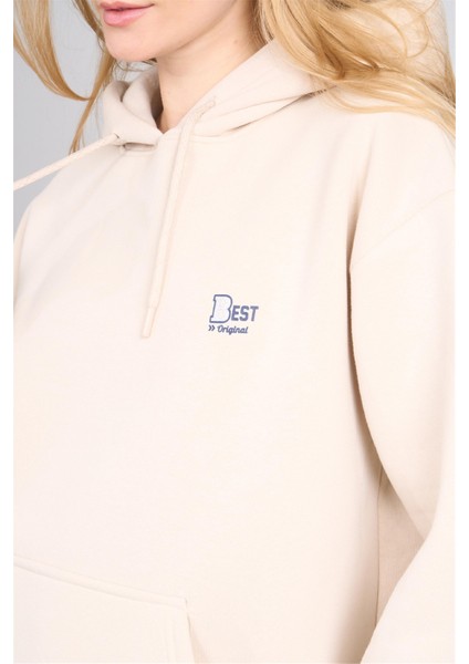 Çetinkaya Fithit 8569 Kadın Kapüşonlu 3 Iplik Oversize Baskılı Sweatshirt Taş indirimleri