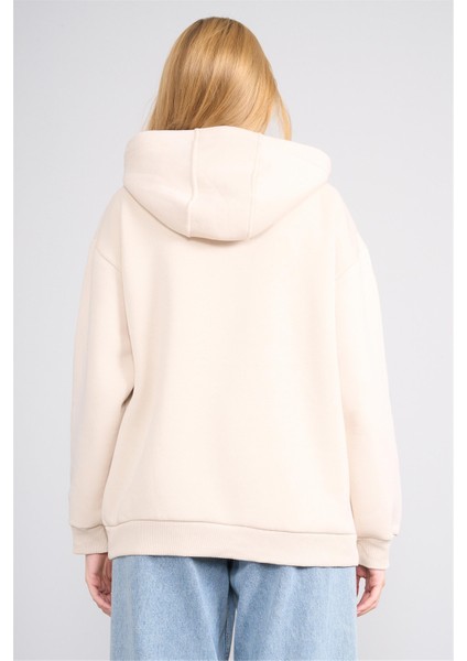 Çetinkaya Fithit 8569 Kadın Kapüşonlu 3 Iplik Oversize Baskılı Sweatshirt Taş