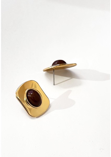 Gold Detaylı Çelik Düğme Küpe