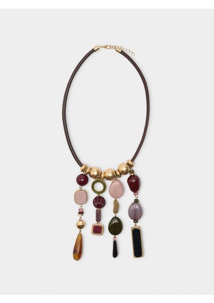 Taş Efektli Charm'lı Kordon Kolye