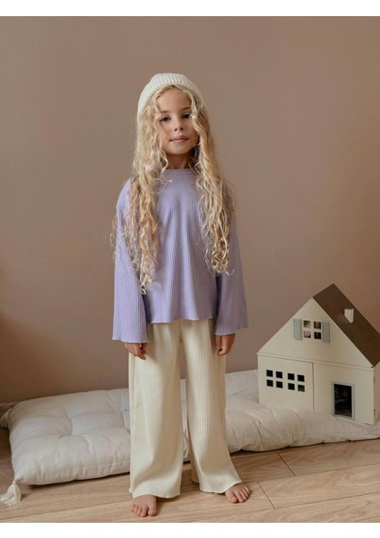Lila Ribana Sweatshirt ve Ekru Kadife Pantolon Kız Çocuk Kombini 6006 fiyatları