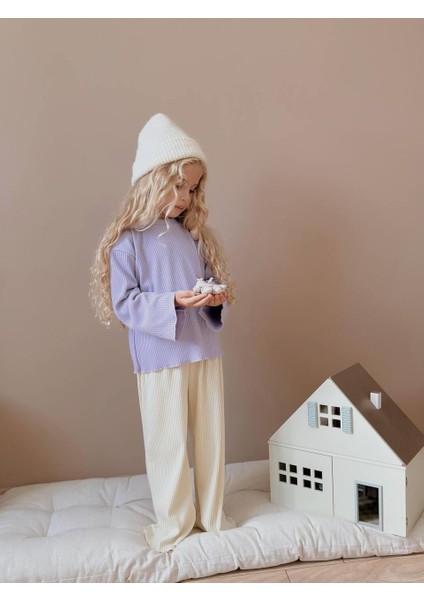 Lila Ribana Sweatshirt ve Ekru Kadife Pantolon Kız Çocuk Kombini 6006 indirimleri