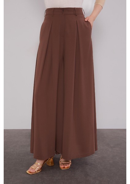 Kahve Geniş Paça Piliseli Pantolon Etek