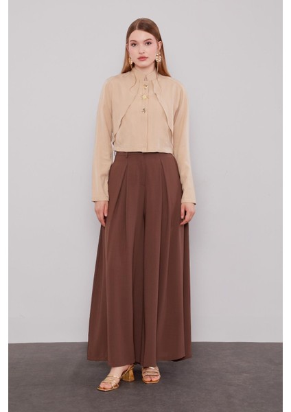 Kahve Geniş Paça Piliseli Pantolon Etek fiyatları