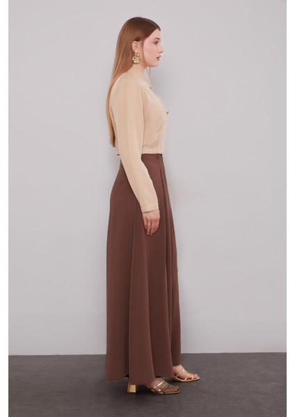 Kahve Geniş Paça Piliseli Pantolon Etek modelleri