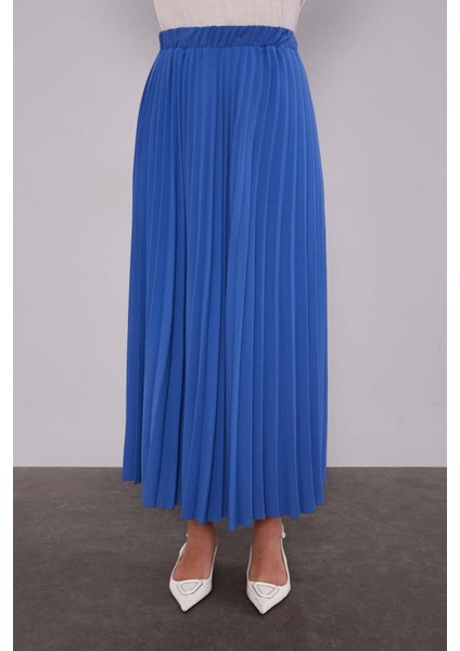 Mavi Pliseli Beli Lastikli Etek