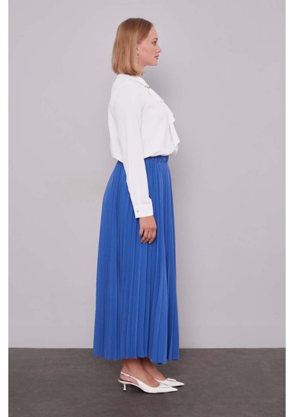 Mavi Pliseli Beli Lastikli Etek modelleri